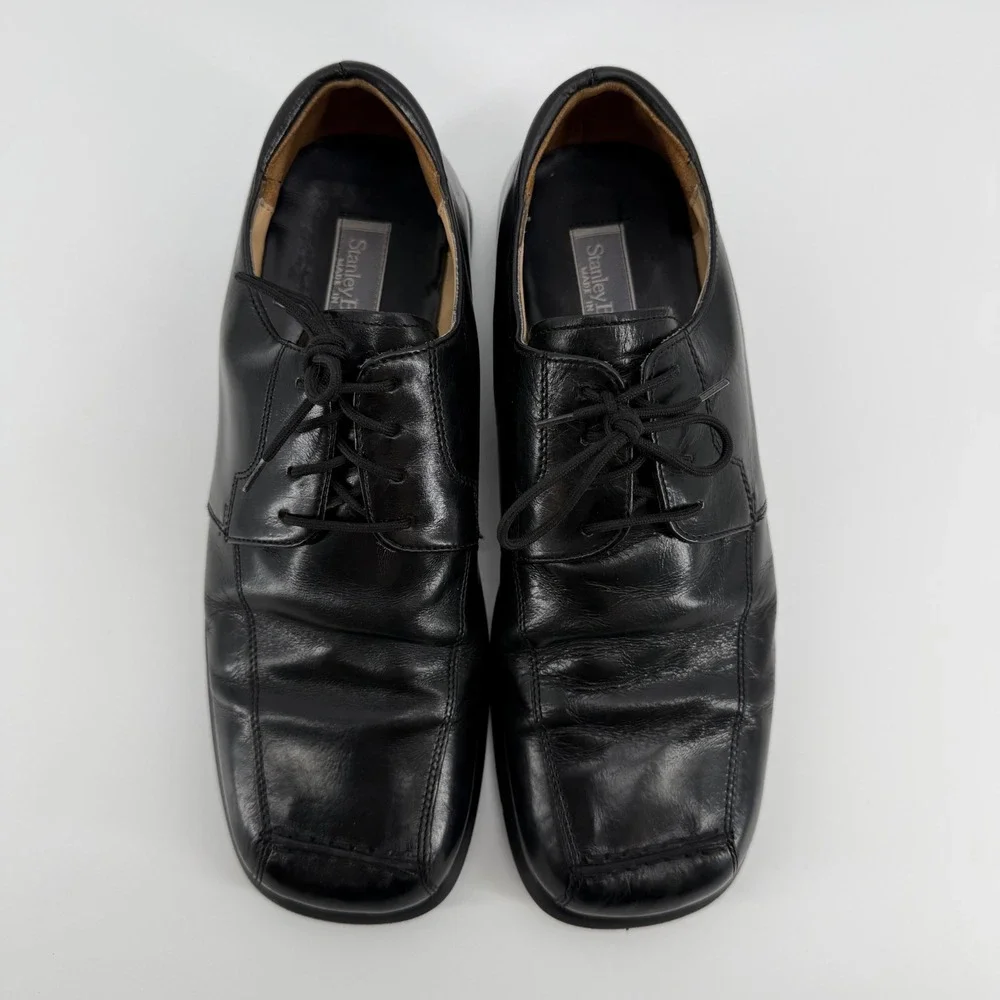 Stanley Blacker Mens Black Leather Square Toe Derby Shoes 10M 2951-1 Made Italy‎
